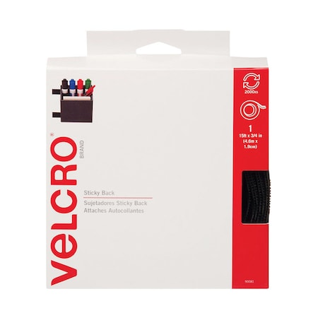 Velcro Brand Reclosable Fastener, 15 ft, 3/4" W, Black 90081